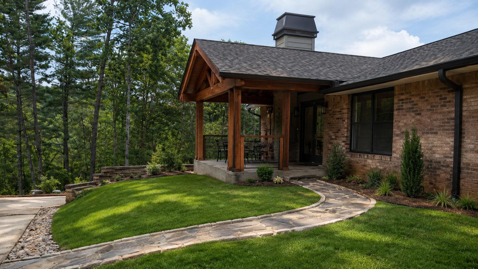 Completed covered entry porch with cedar timber posts, stone walkway and finished landscaping on a brick ranch home